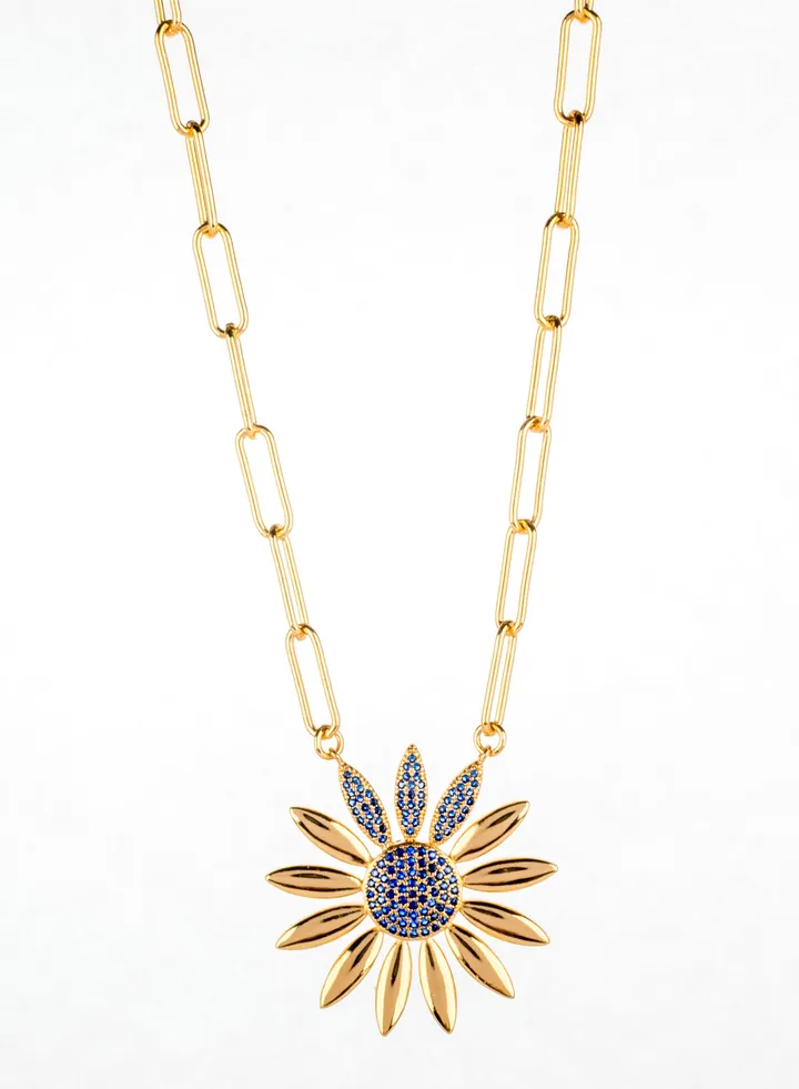 Chinese Gold Necklace - Flower with Micro Blue Stones