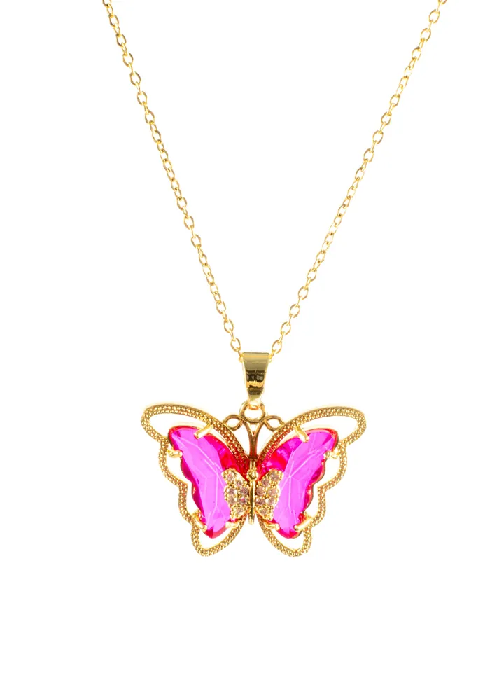 Stainless Steel Necklace with a Fuchsia Crystal Stone Butterfly