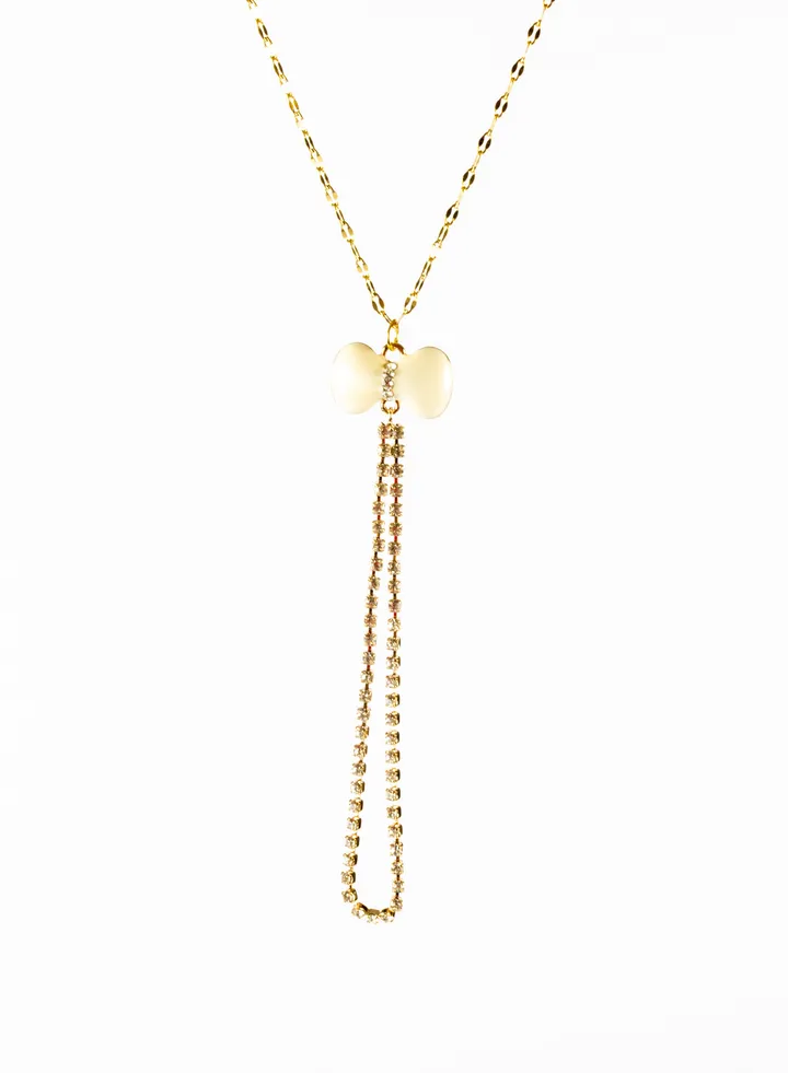 Stainless Steel Necklace Gold with a White Zirconic Bowtie Pendant
