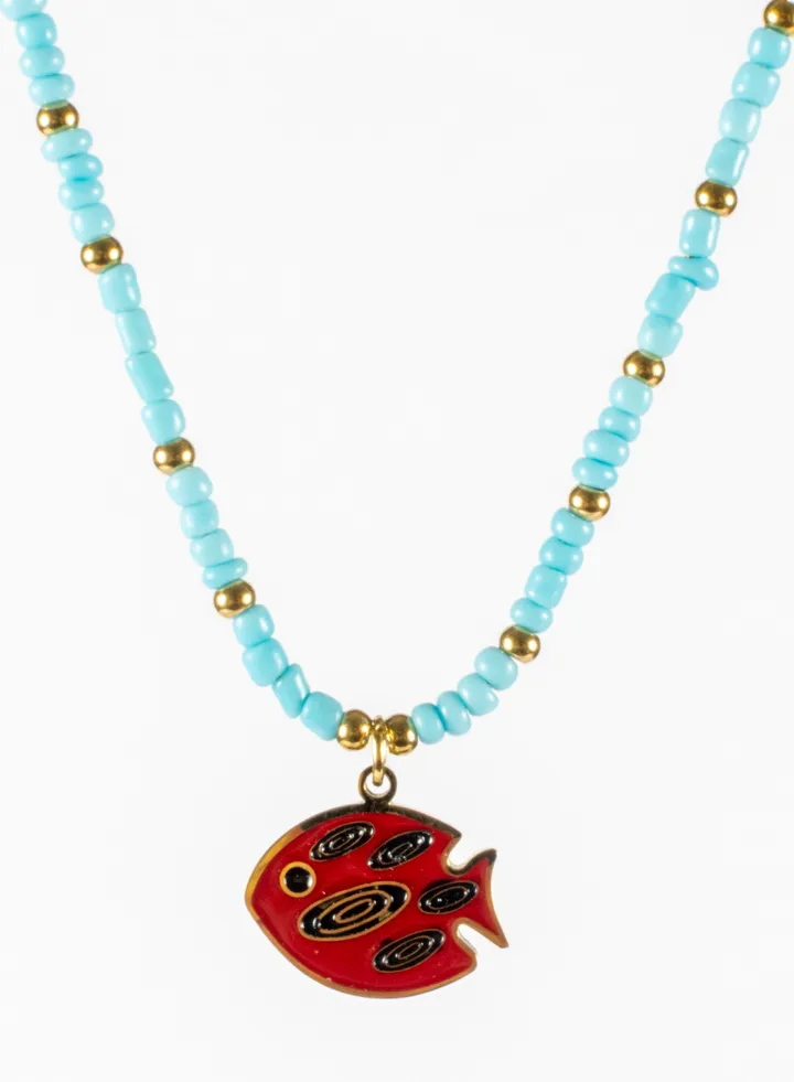 Stainless Steel Necklace Gold With Turquise Beads and Red Fish Pendant
