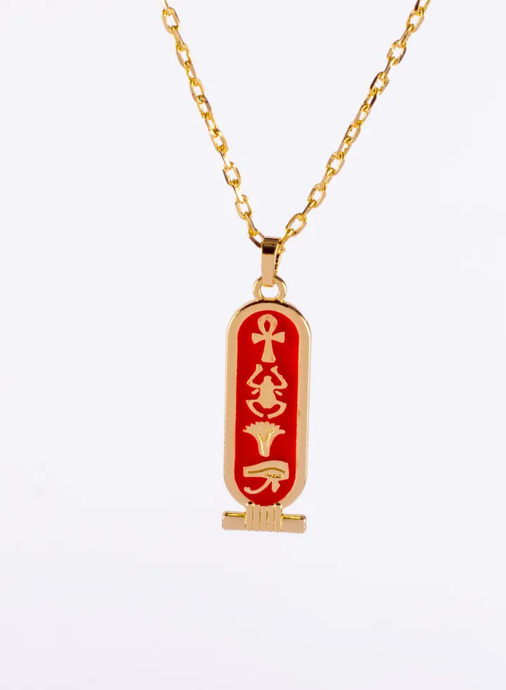 Pharonic Platinum Necklace Golden with Red Pharonic Symbols Pendant