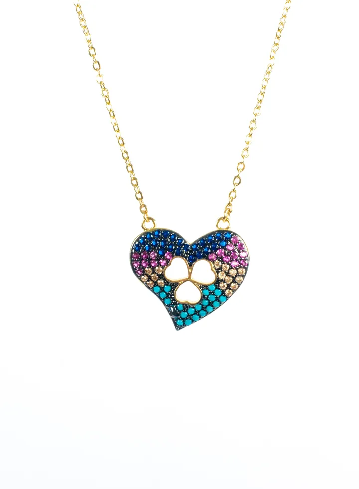 Chinese Gold Necklace Gold with Colorful Zirconic Heart Pendant