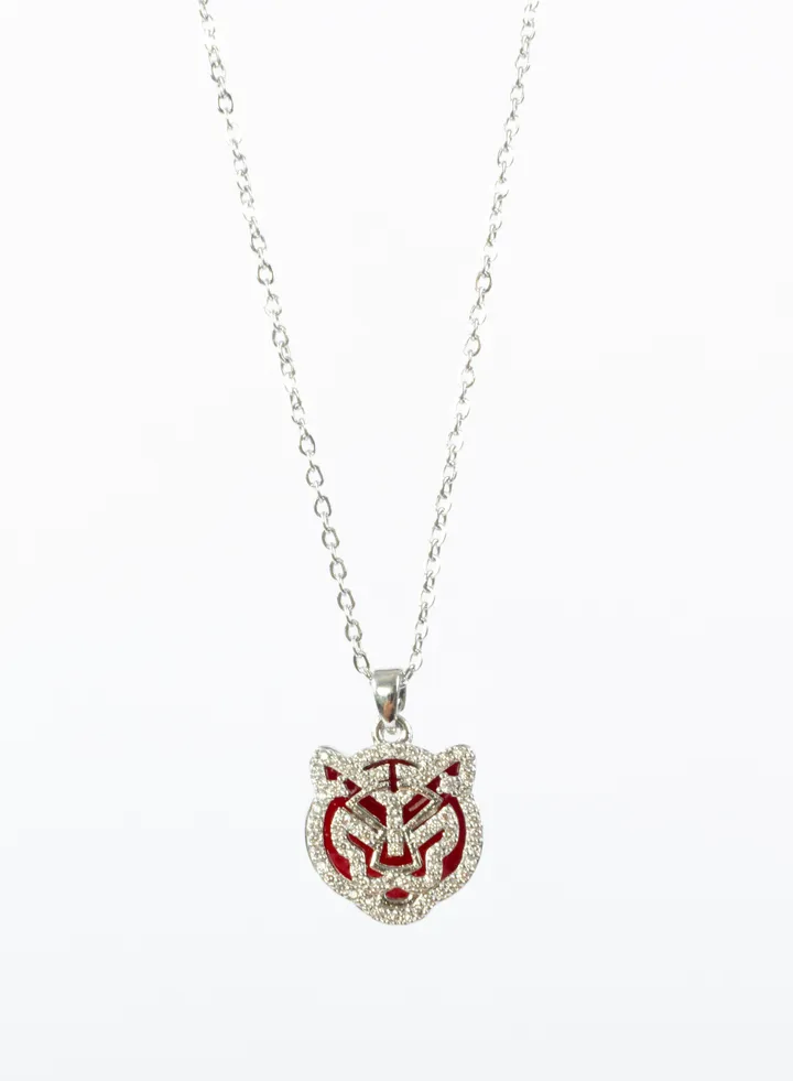 Stainless Steel necklace with a zirconic panther head silver/red