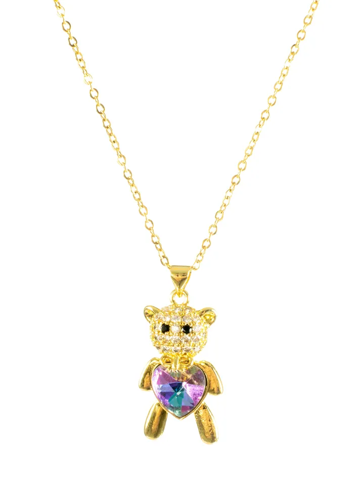 Stainless Steel Necklace with a Zirconic Bear and Crystal Stone Heart