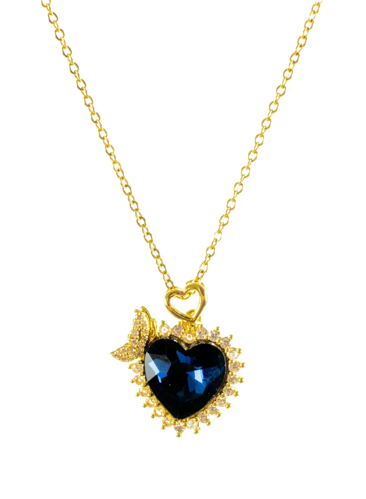 Stainless Steel Necklace with a Zirconic Dark Blue Crystal Heart and Fish Tail