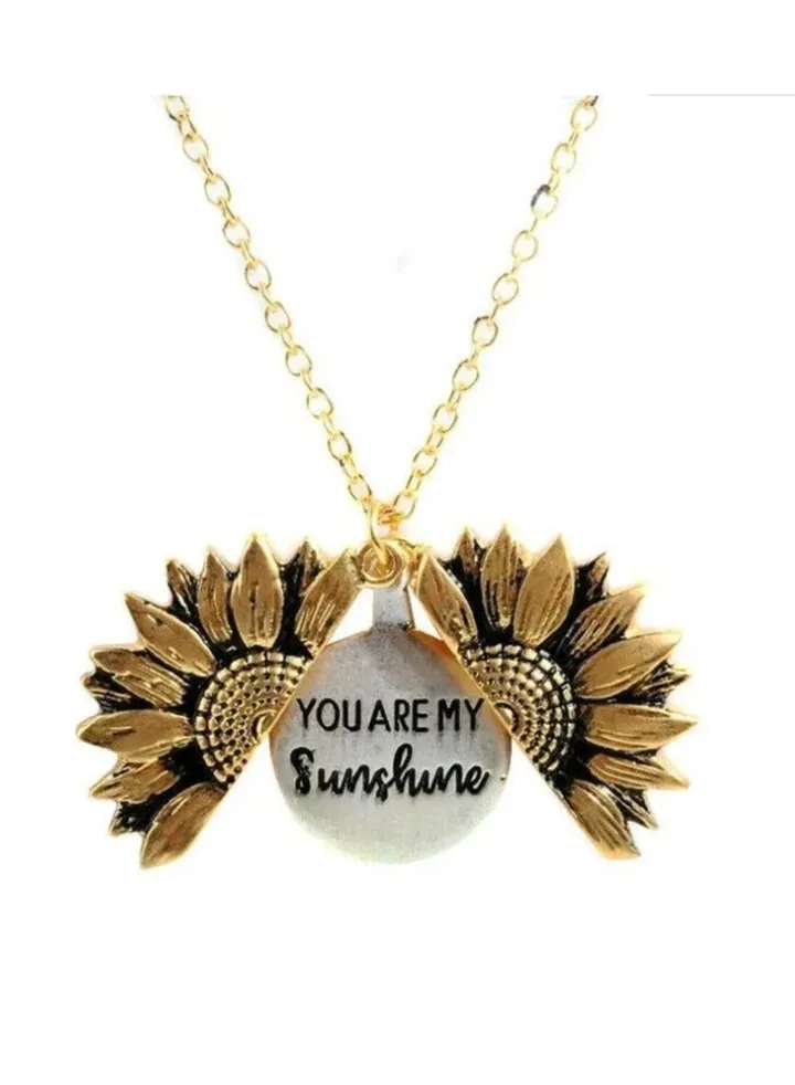 Stainless Steel Golden Necklace with Flower Pendant "You Are My Sunshine"