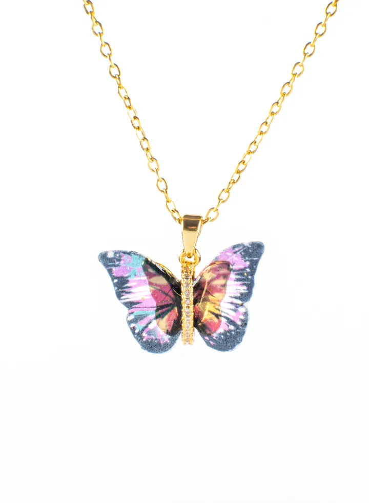 Stainless Steel Necklace Gold with a Black Purple Butterfly Pendant