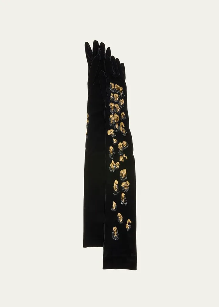 Long Velvet Embellished Ruched Gloves