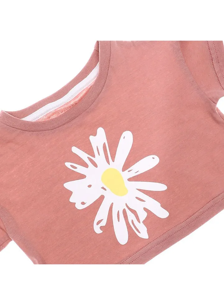 Printed Sun Flower Girls Tee - Cashmere, White & Yellow