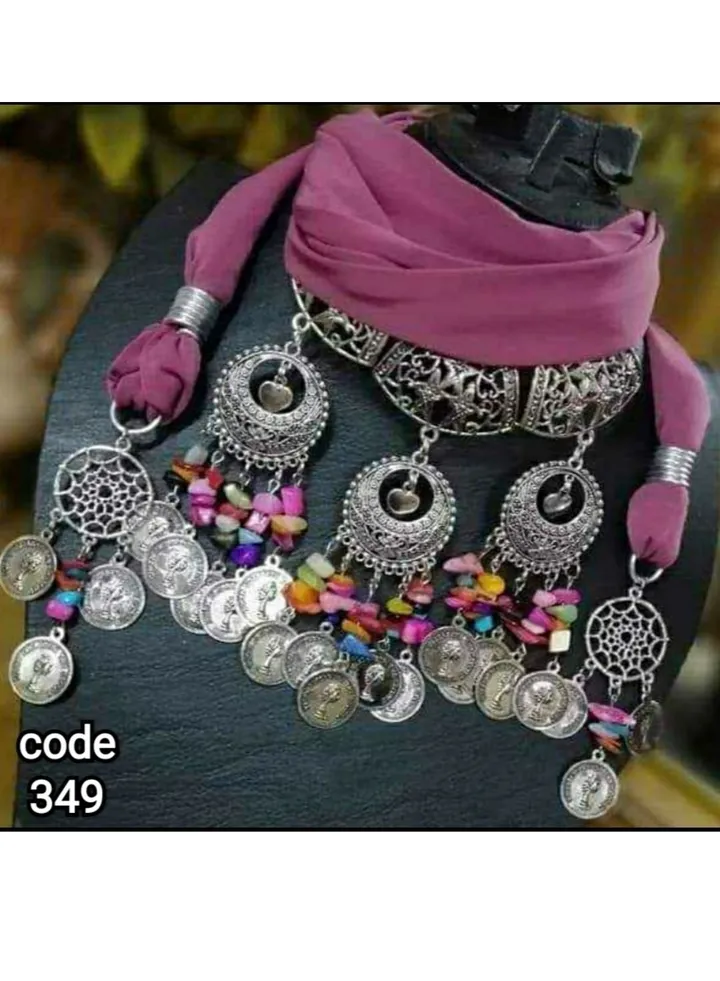 Lycra cotton scarf necklace with multiple pendants and copper wire