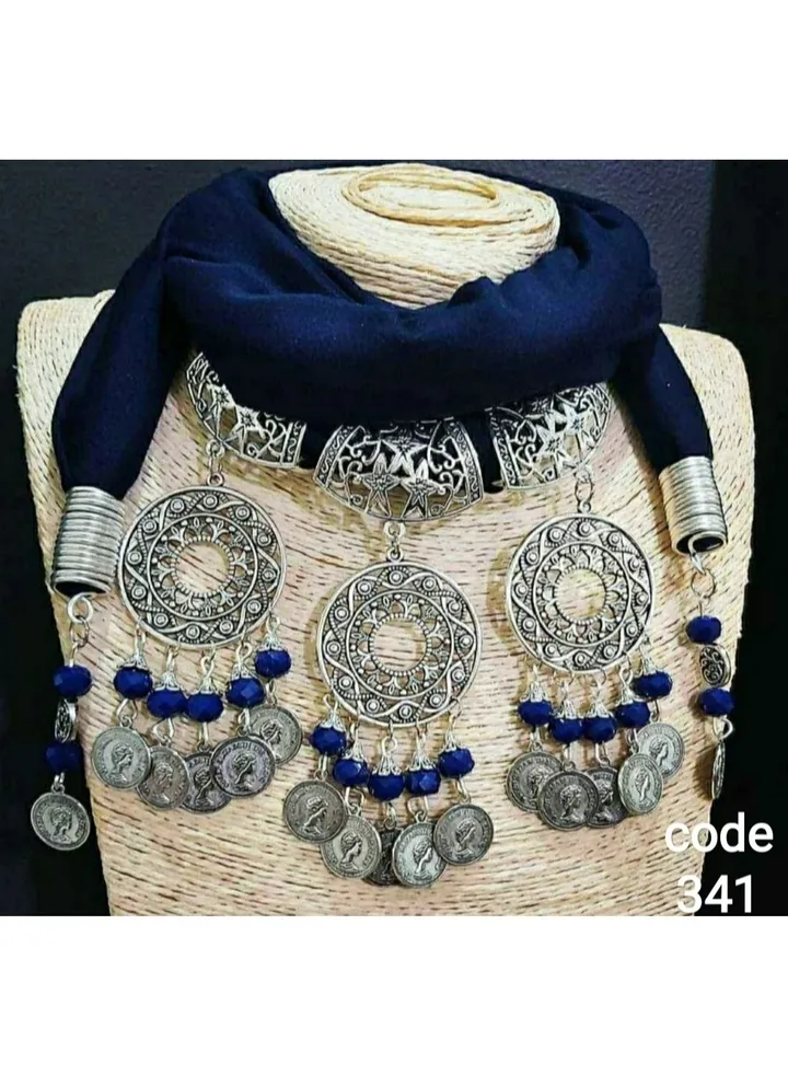 Lycra cotton scarf necklace with multiple necklaces and copper wire