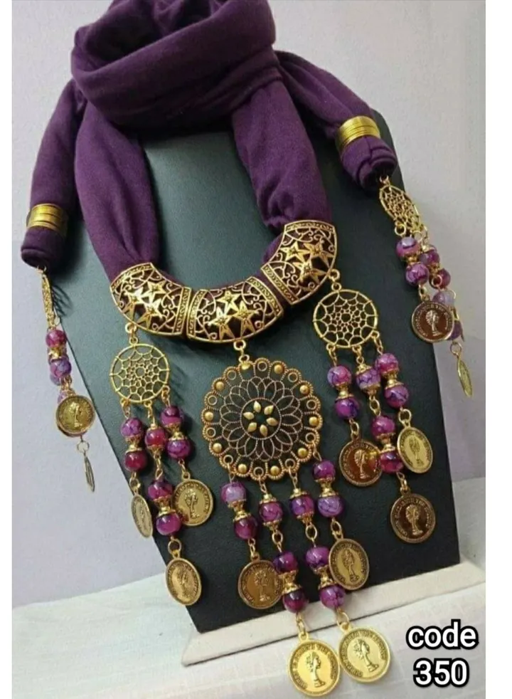 Lycra cotton scarf necklace with multiple pendants and copper wire