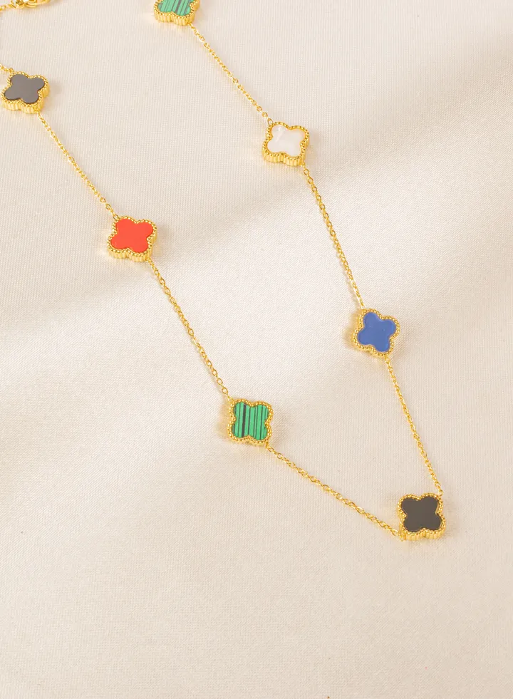 Stainless Steel Golden Necklace with Multi Colored Clover Leaf Pendants