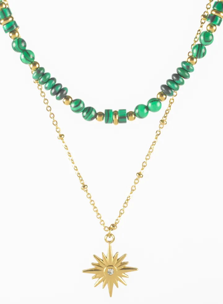 Stainless Steel Golden Necklace 2 Layers with Green Beads & Zirconic Golden Pendnat