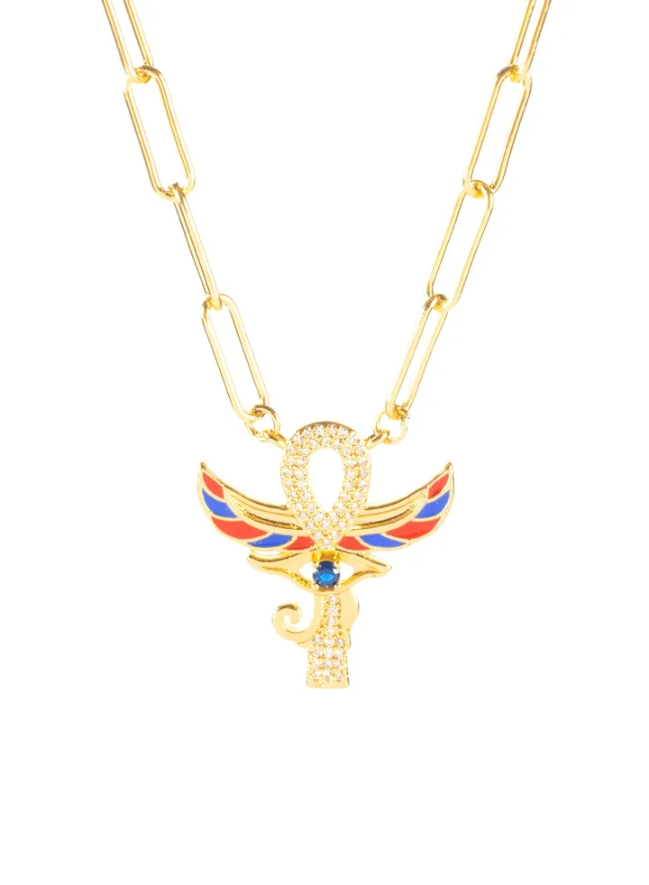 Chinese Gold 2 Layered Necklace with Zirconic and Multi Colored Key of Life and Eye of Horus Pendant