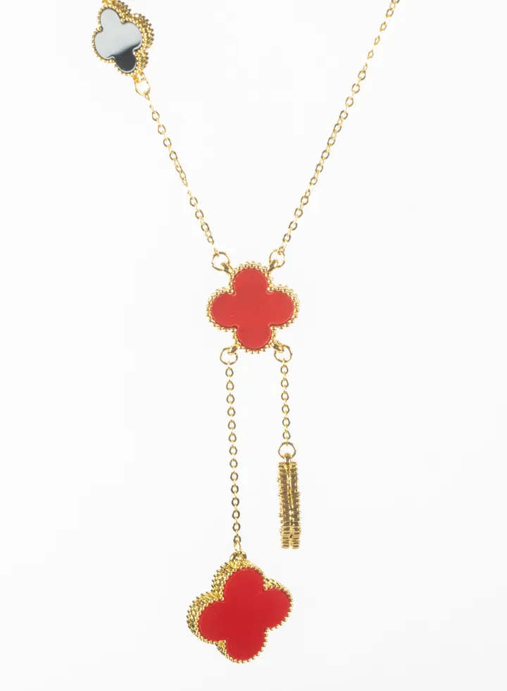 Black & Red Clover Leaf Stainless Steel Neckalce