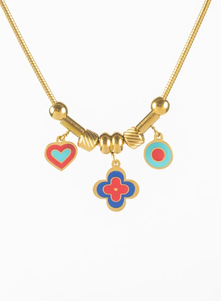 Colorful Clover Leaf & Heart Stainless Steel Golden Pendant Necklace