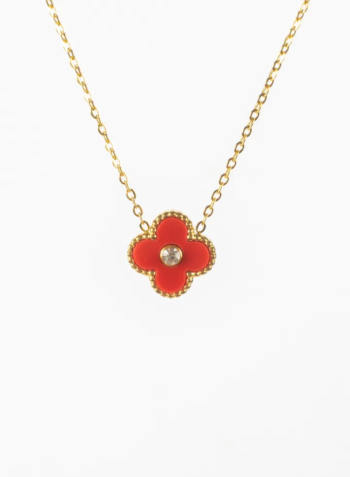 Stainless Steel Necklace With Red Zirconic Clover Leaf Pendant