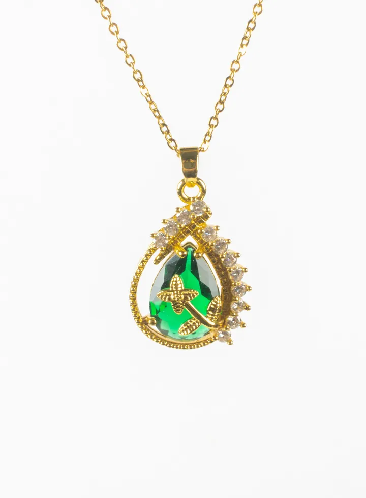Green Zirconic Water Drop Stainless Steel Golden Pendant Necklace