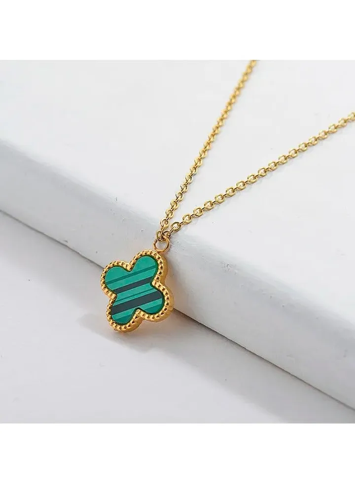 Green Clover Leaf Stainless Steel Golden Pendant Necklace