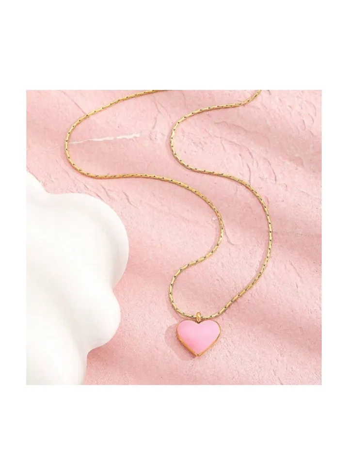 Stainless Steel Golden Necklace with a Pink Heart Pendant