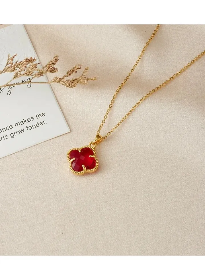 Red Zirconic Clover Leaf Stainless Steel Pendant Necklace