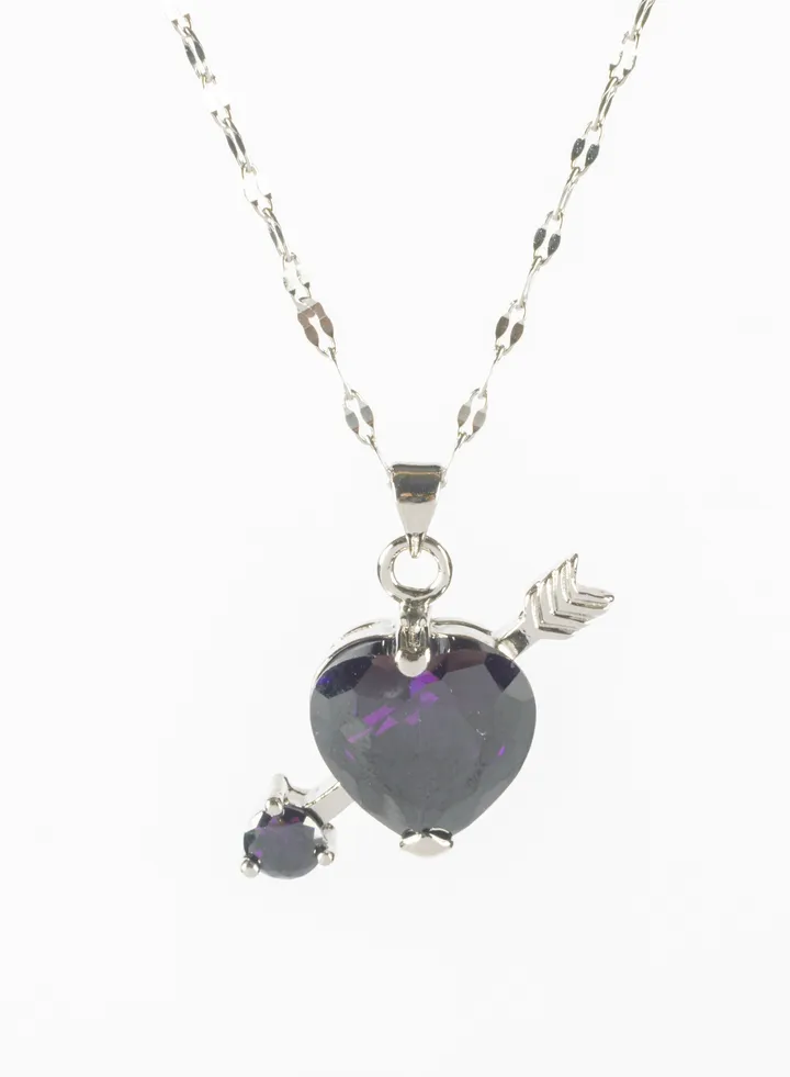 Silver Stainless Steel Necklace with a Purple Zirconic Heart Pendant