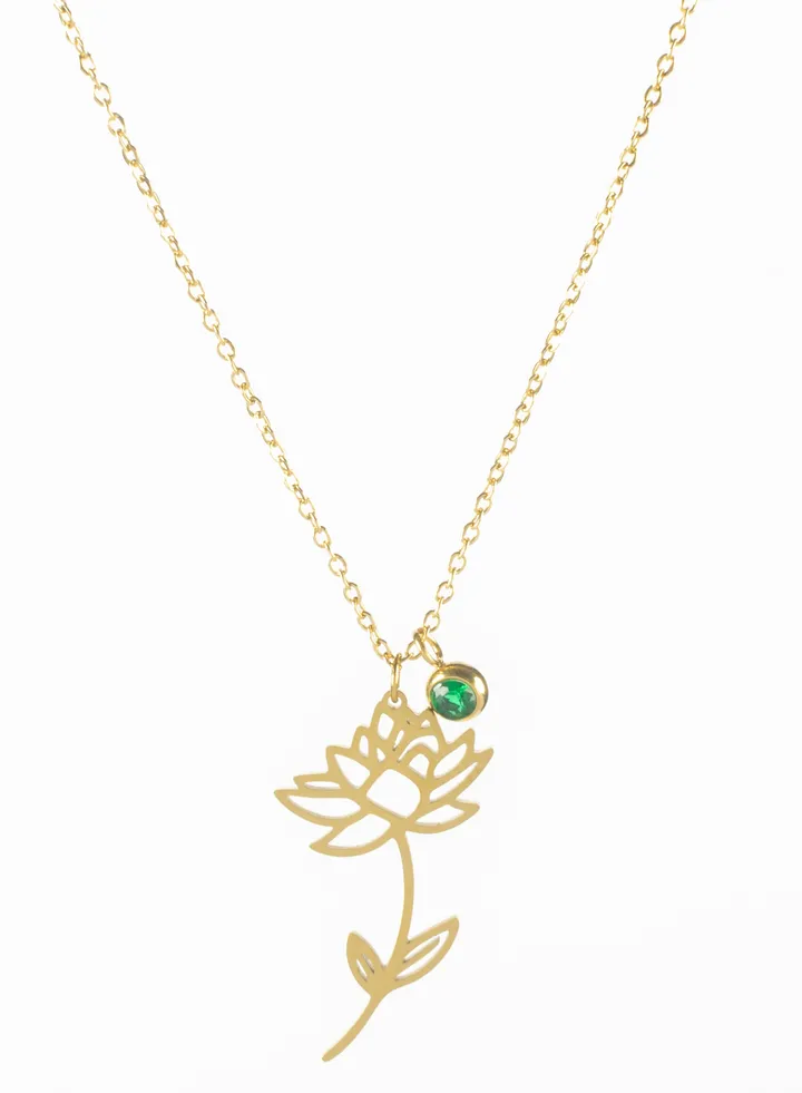 Rose With Green Zirconic Stainless Steel Golden Pendant Necklace