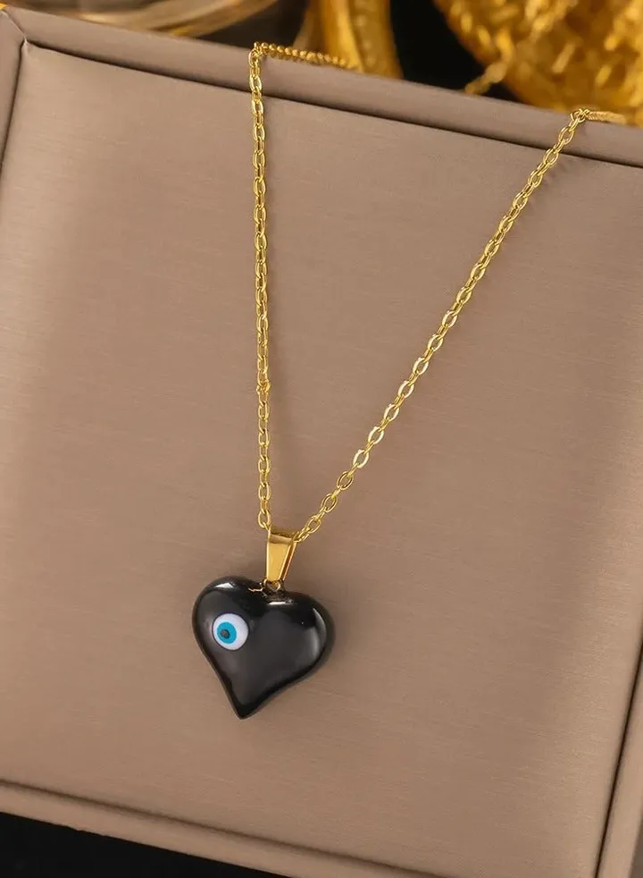 Black Heart with Blue Eye Stainless Steel Pendant Necklace