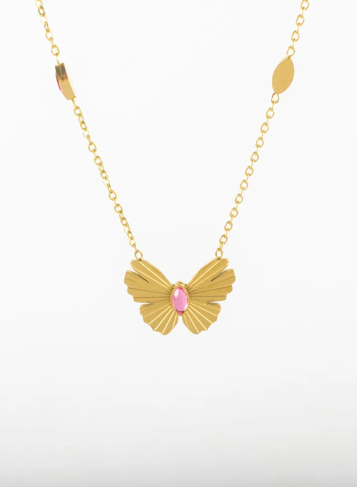 2 Layered Pink Zirconic Stainless Steel Butterfly Pendant Necklace