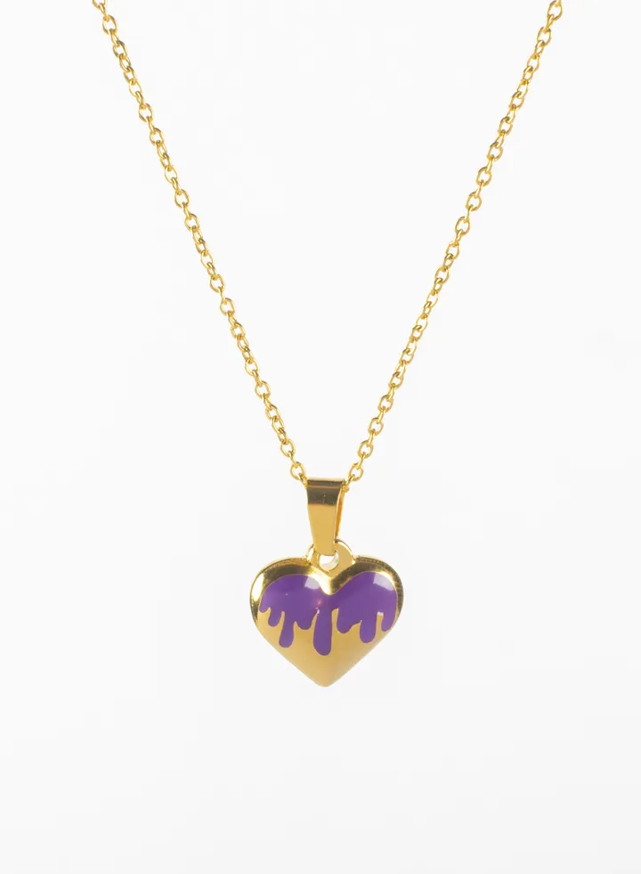 Stainless Steel Necklace With Purple Golden Heart Pendant