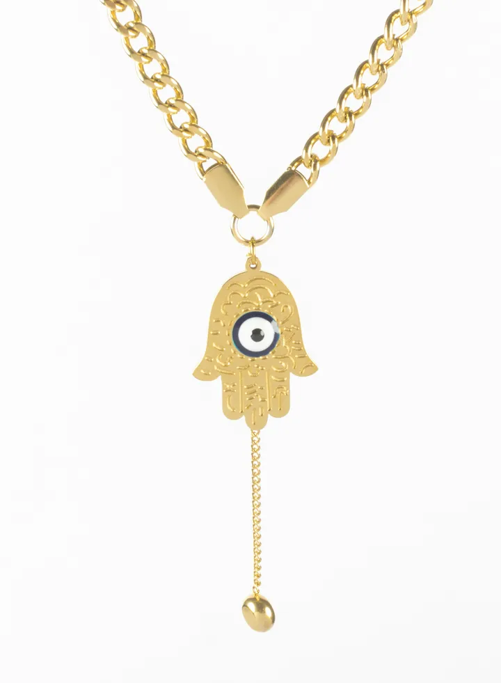 Stainless Steel Necklace with Hand & Blue Eye Pendant