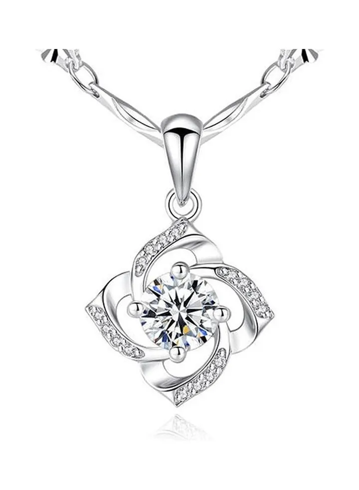 Rhodium Plated Ziron Studded Pendant Necklace