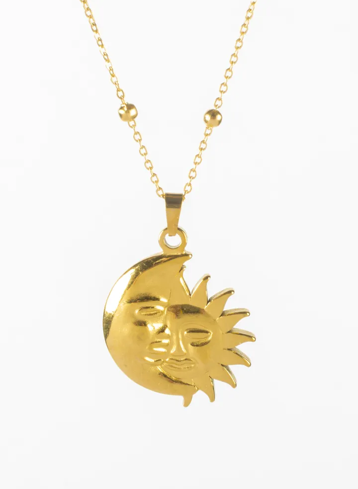 Stainless Steel Golden Necklace with Crecent & Sun Stainless Steel Pendant