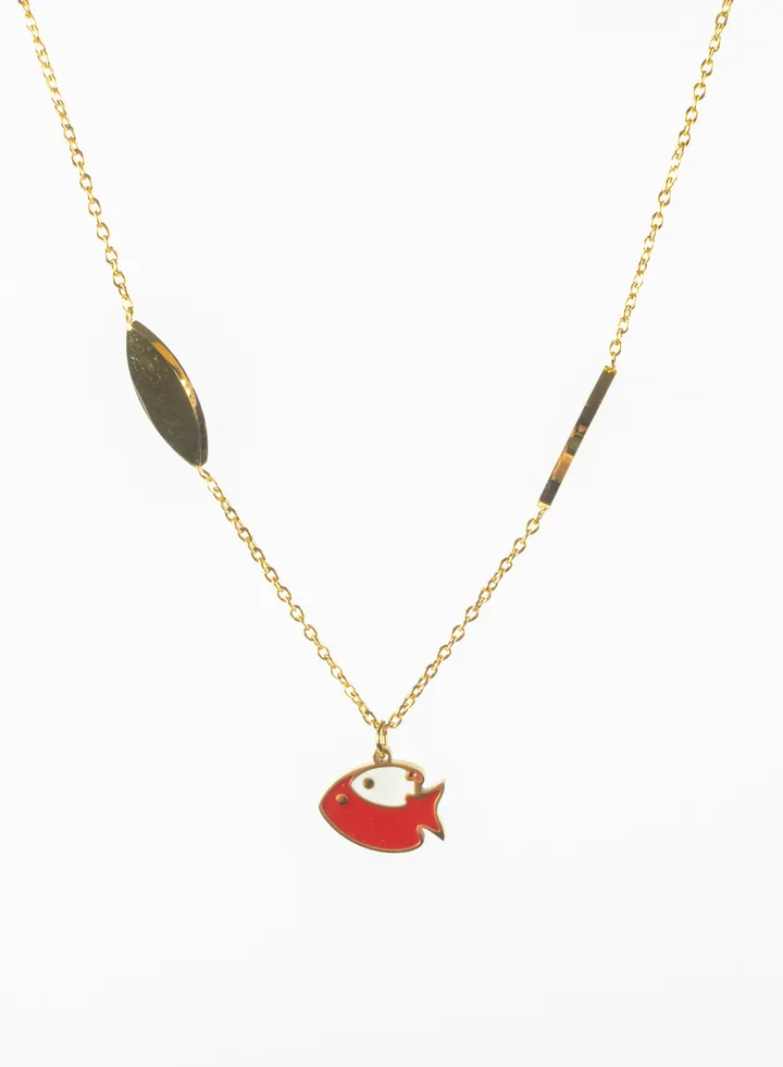 Stainless Steel Necklace Gold With Red Fish Pendant