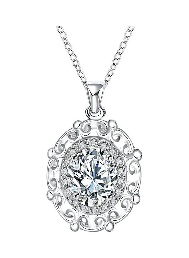 Rhodium Plated Ziron Studded Pendant Necklace