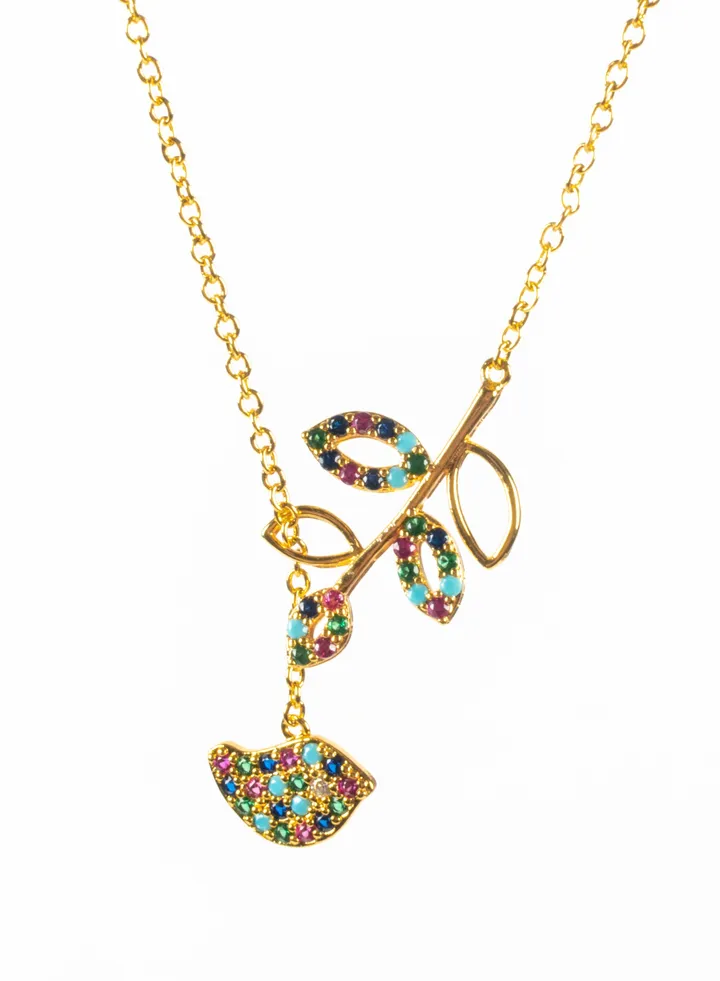 Colorful Zirconic Tree Leaf Chinese Gold Pendant Necklace