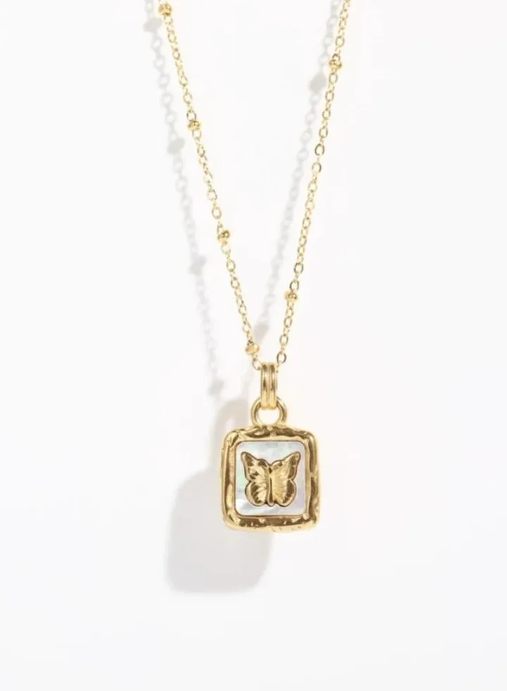 Stainless Steel Golden Necklace with a Butterfly Pendant White