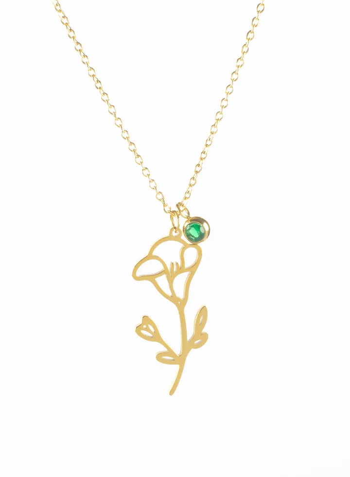 Rose With Green Zirconic Stainless Steel Golden Pendant Necklace