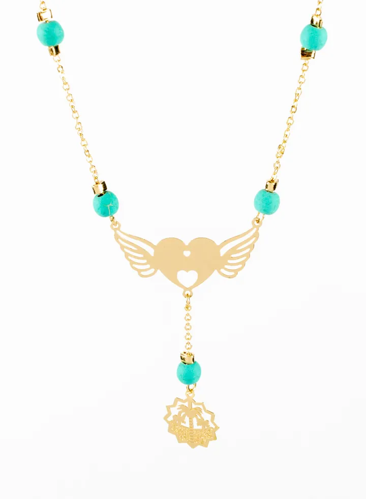 Chinese Gold 2 Layered Necklace with a Turquoise Beads & Winging Heart Pendant