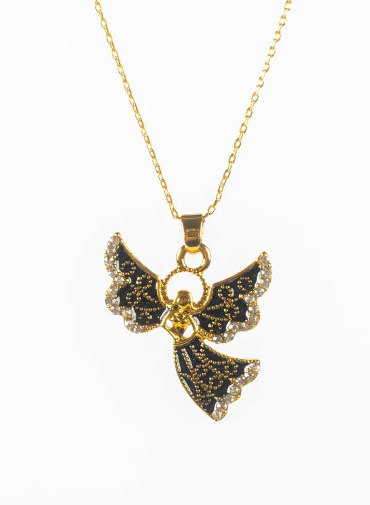 Chinese Gold Necklace with a Zirconic Winging Bird Pendant Black