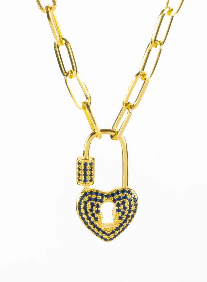 Blue Zirconic Heart Lock Chinese Gold Pendant Necklace