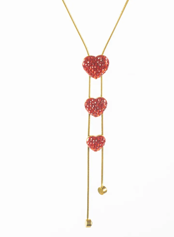 3 Red Zirconic Heart Stainless Steel Golden Pendant Necklace
