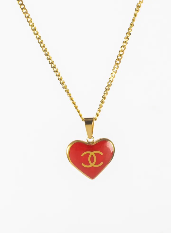 Stainless Steel Necklace Gold With Red Heart Pendant