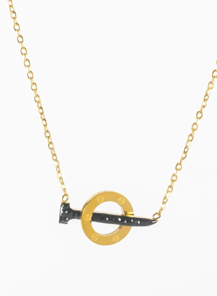 Black Zirconic Nail Stainless Steel Golden Pendant Necklace