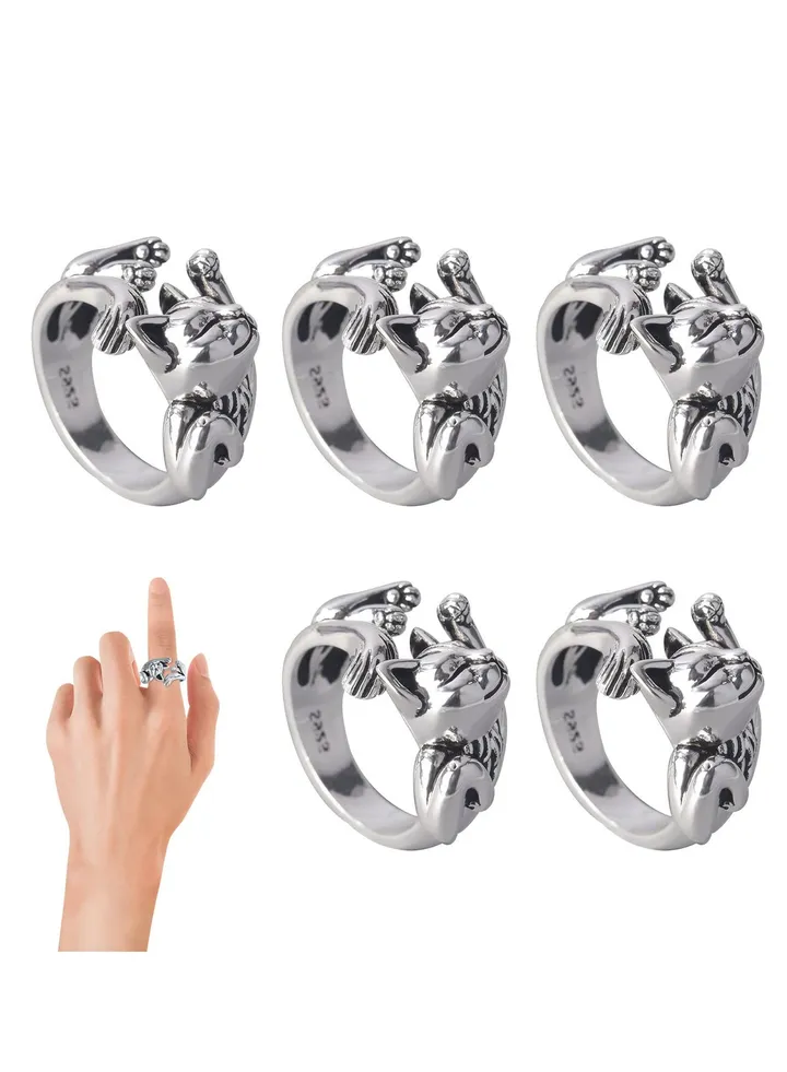 5 Pieces Personality Creative Accessories Slouchy Cat Ring Finger Yarn Holder Woven Rings Adjustable Ring Ring,for Hand Weaving Hook Line Supplies Loving Friend Families Gifts Silver