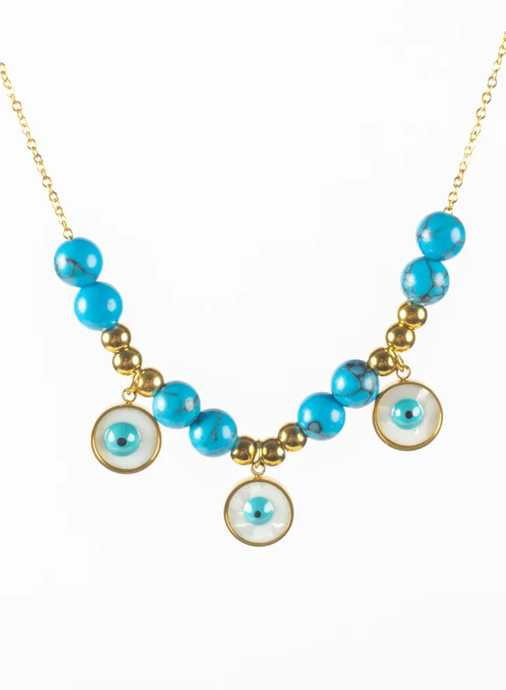 Stainless Steel Necklace with Blue Eyes and Beads Pendant