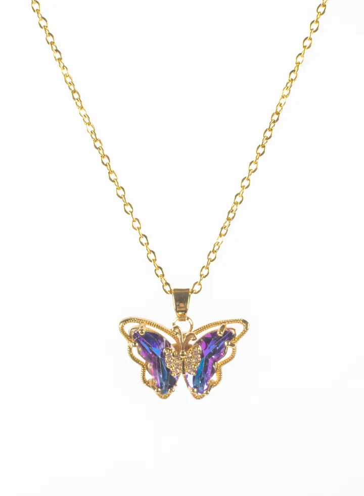 Purple Zirconic Butterflu Stainless Steel Pendant Necklace