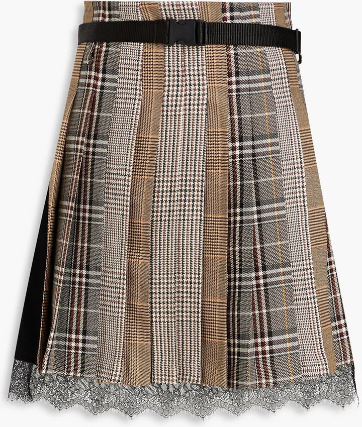 Crepe-paneled pleated checked tweed mini skirt