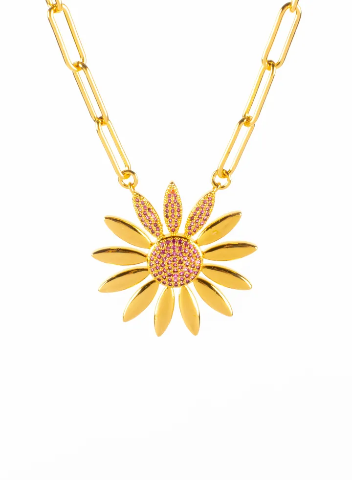 Pink Zirconic Chinese Gold Flower Pendant Necklace